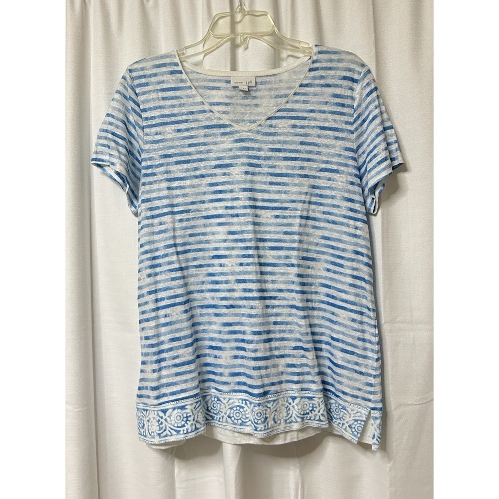 J. Jill Love Linen 100% Linen Blue White Striped Short Sleeve V-Neck Knit Top M